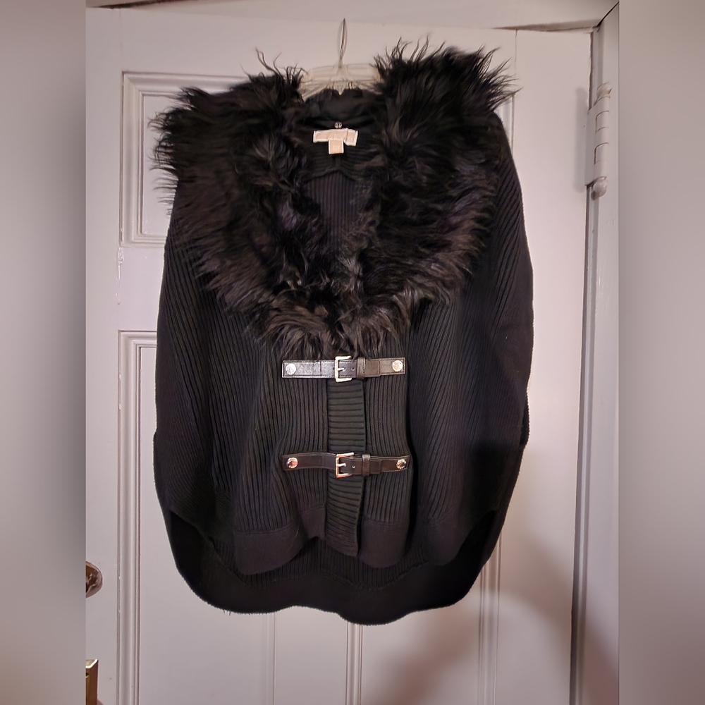 Michael Kors Faux Fur Collar and Lapel Poncho sweater